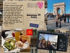 a collage of photos with people and food in front of the arc de triumph