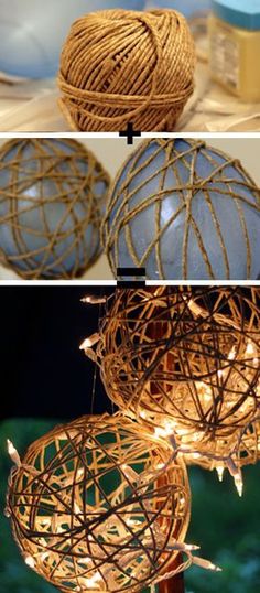 three different types of lights that are made out of yarn and twined together with string