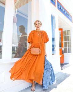 fall dresses, fall outfit ideas, dreamy dresses, pretty dresses, maxi dresses for fall, fashion inspiration, outfit ideas, date night ideas, Spiced pumpkin latte look, orange dress Fall Chic Outfits, Mom Outfits Fall, Fall Fashion Inspiration, Neutral Fall Outfits, Brunch Dress, Dresses Fall