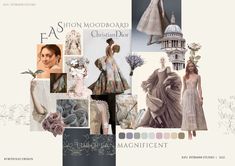 fashion mood board with many different images and words on it, including the woman's dress