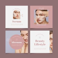 four different types of skin care flyers with woman's face and hands touching her cheek