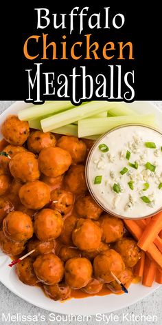 buffalo chicken meatballs on a plate with carrots, celery and dip