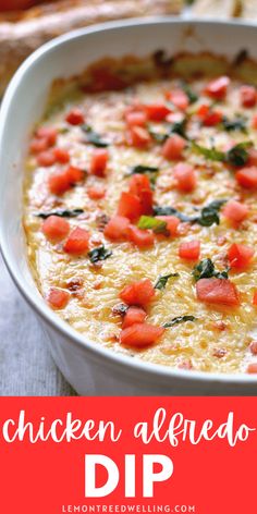 chicken alfredo dip with tomatoes and basil in a white bowl on a red tablecloth