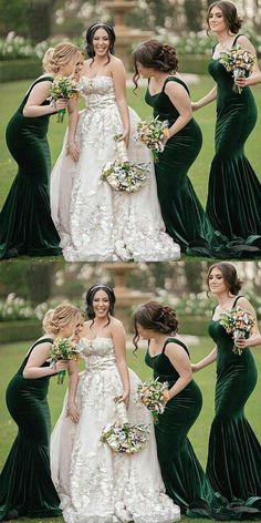 two women in green dresses standing next to each other and one is holding her bouquet