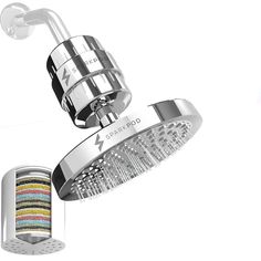 an overhead shower head with colorful strips on it