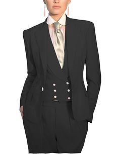 Fitted Three-piece Tuxedo Suit With Pockets, Tailored Tuxedo Suits With Pockets, Tailored Notch Lapel Vest For Office, Black Tuxedo With Pockets For Semi-formal Occasions, Office Vest With Notch Lapel And Tailored Fit, Tailored Black Tuxedo With Pockets, Fitted Black Single-breasted Pantsuit, Formal Notch Lapel Vest With Pockets, Tuxedo Style Three-piece Suit For Work