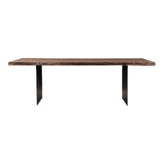 a wooden table with metal legs on a white background