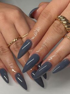 Gray Pointy Nails, Nails Inspiration On Brown Skin, Grey Oval Acrylic Nails, Gray Acrylic Nails Almond, Blue Gray Almond Nails, Dark Blue Gray Nails, Grey Stilletto Nails, Dark Blue Almond Acrylic Nails, Dark Gray Acrylic Nails