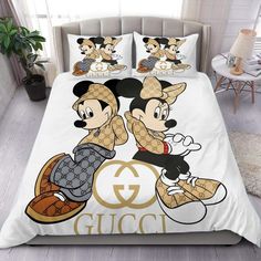 mickey and minnie mouse bedding set with gucci logo on the comforter cover