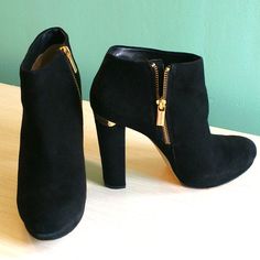 Worn A Few Times In Great Condition (No Tags Or Original Box, New Box Provided) Size: 8 Heel Height: 4.5" Color: "Midnight" Black Michael "Michael Kors" "Midnight" Black Suede Haven Bootie W/Goldtone Zipper And Goldtone Band On Back (Labeled "Michael Kors") Material: Upper: Leather / Outsole: Rubber Midnight Black, Michael Kors Shoes, Black Suede, Bootie, Bootie Boots, Original Box, Heel Height, Ankle Boots, Gold Tones