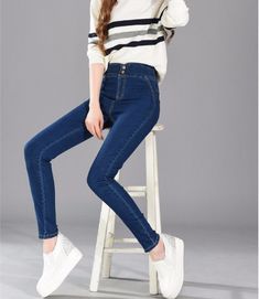 Fit Type: SkinnyDecoration: Buttons, PocketsJeans Style: Pencil PantsWaist Type: HighFabric Type: SoftenerMaterial: Cotton, PolyesterLength: Full LengthClosure Type: Button SKU: 1935090 Slim Stretch Blue Pants, Blue Slim Stretch Pants, High Waist Dark Wash Denim Jeggings, High Rise Blue Jeggings For Fall, High Waist Stretch Denim Blue Pants, Stretch High Waist Denim Blue Pants, Non-stretch High Waist Jeans, Medium Wash High Waist Stretch Jeans, Denim Blue Mid-rise Jeggings For Fall