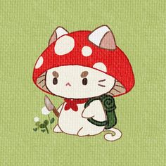 a cat that is sitting down with a mushroom on it