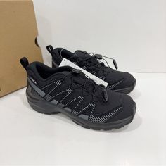 Salomon Unisex-Child Kids Xa Pro V8 Climasalomon Waterproof Trail Running Shoes Size 3 New In Box Black Scratch-resistant Sneakers For Outdoor Activities, Scratch-resistant Black Sneakers For Outdoor Activities, Black Non-slip Walking Shoes For Hiking, Black Waterproof Trail Running Shoes For Training, Black Non-slip Trail Running Shoes For Sports, Black Outdoor Walking Shoes With Ventilation, Salomon Shoes, Shoes Color, Trail Running Shoes