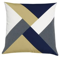 a blue, yellow and white pillow with an abstract design on the front cover is shown