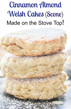 three lemon almond cake scones stacked on top of each other with text overlay