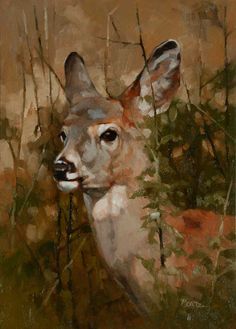 a painting of a deer in the woods