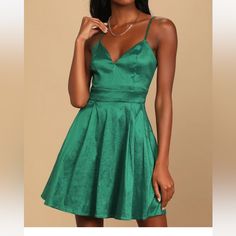 Lulus Beyond Magic Emerald Green Metallic Skater Dress! Lightweight Stretch-Woven Fabric, With An Eye-Catching Iridescent Sheen, Shapes This Flirty Mini Dress With A Princess-Seamed Bodice And A V-Neckline. This Flirty Ensemble Is Finished With A Flaring Skater Skirt, Complete With Hidden Side Seam Pockets, Making Carrying A Purse A Thing Of The Past! Adjustable Skinny Straps. Hidden Back Zipper/Clasp. Shell: 55% Polyester, 40% Nylon, 5% Spandex. Lining: 100% Polyester. Hand Wash Cold. Do Not Bl Green V-neck Mini Dress For Formal Occasions, Green V-neck Mini Dress For Homecoming, Green A-line Mini Dress For Prom, Green Mini Length V-neck Dress For Evening, Casual Turquoise V-neck Mini Dress, Hoco Inspo, Lulus Dresses, Lulu Dresses, Skater Dress