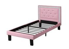 a pink bed frame with black legs and buttons on the headboard, against a white background