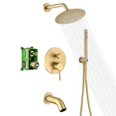 the shower head and handset are shown in gold