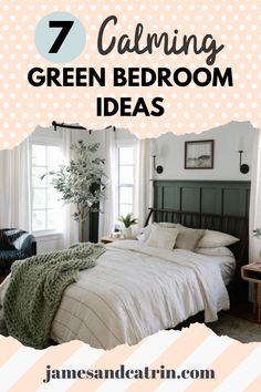 a bed room with a neatly made bed next to two windows and a potted plant