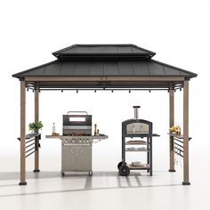 an outdoor bbq with grill, oven and table in front of white wall background