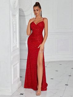 Women Sequin Spaghetti Strap Ruched Waist High Split Party Dress, Formal Evening Prom Gown, For Wedding Guest, Graduation, Dinner New Year Eve Red Party  Sleeveless Woven Fabric Plain,All Over Print Cami Slight Stretch  Weddings & Events, size features are:Bust: ,Length: ,Sleeve Length: Dark Red Prom Dress, Party Dress Red, Strapless Prom Dresses, 파티 드레스, Red Party, Lace Bridesmaid Dresses, فستان سهرة, Women Formals, Elegant Dresses Long