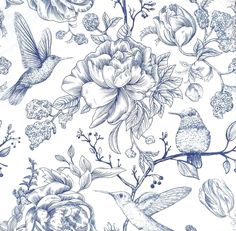 a drawing of flowers and birds on a white background with blue accents, such as peonies