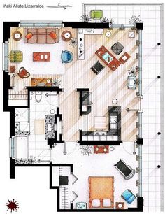 the floor plan of an apartment with furniture