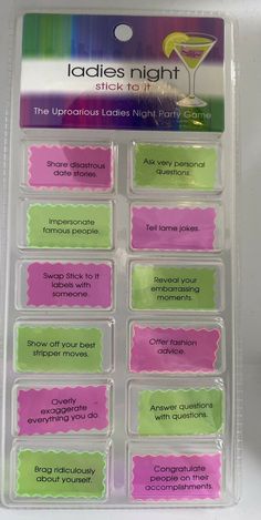 the labels for ladies'night are pink, green and yellow