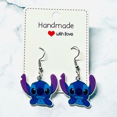 Brand New Handmade Stitch Earrings Lilo & Stitch Ellie Aesthetic, Stitch Nails, Eye Rings, Stitch Stuff, Rainbow Band, Stitch Earrings, Dainty Wedding Ring, Big Stone Ring, Trio Ring