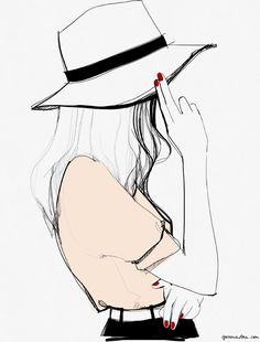 a drawing of a woman wearing a hat and holding her hand to her face with the caption pinterest