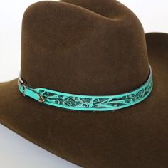 Teal Tooled Leather Hat Band - The Jodie – Willow Lane Hat Co. Leather Hat Bands, Boutique Inspiration, Hat Bands, Teal Blue Color, Leather Hat, Leather Stamps, Western Hats, Leather Hats, Cowgirl Hats