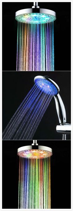 the shower head has rainbow lights on it and is open to show water coming out