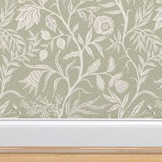 an image of a wallpaper with flowers and leaves painted on the side of it