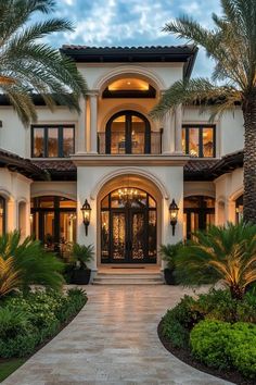 a large white house with palm trees in the front yard and walkway leading to it