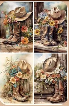 four pictures of cowboy boots and flowers