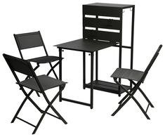 three folding chairs and a small table with one chair on the other side, all in black