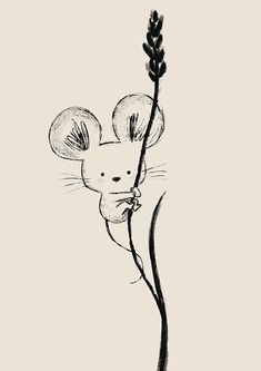 a black and white drawing of a mouse on a plant