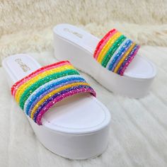 Beach Day By Mata Shoes White Base With Multi-Color Strap 3 Inch Platform Sandals With Rainbow Strap New In Box Rainbow Open Toe Platform Heels, Rainbow Heels With Round Toe For Summer, Multicolor High Heel Summer Sandals, Multicolor Platform Sandals For Beach, Multicolor Platform Sandals For Beach Season, Multicolor High Heel Sandals For Beach Season, Multicolor Wedge Heel Sandals For Beach, Rainbow Open Toe Synthetic Heels, Multicolor Synthetic Heels For Beach Season