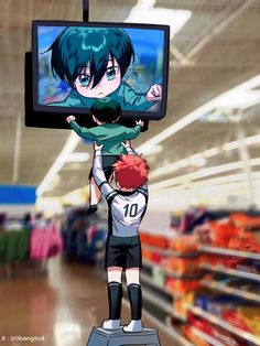 a boy is holding up a television in the middle of a store aisle with his head on another child's shoulders