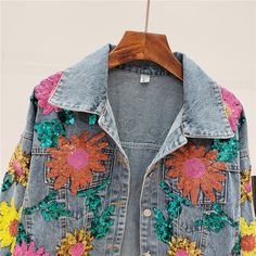 Sequin Flowers Denim Jacket Sequin Denim Jacket, Jean Clothes, Sunflower Autumn, Spring Denim Jacket, Sequin Flowers, Streetwear Denim, Flower Motifs, Long Sleeve Coat, Blue Spring