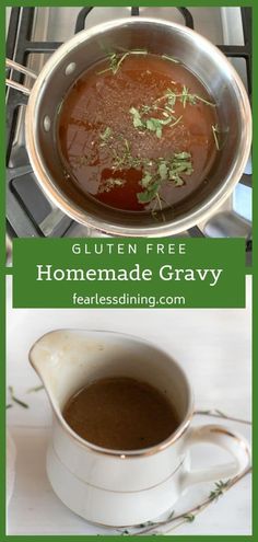 the ingredients to make homemade gravy are shown in this collage with text overlay