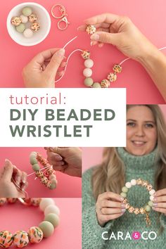 a woman is making beaded bracelets with her hands and the words, how to make