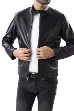 Sleek Formal Leather Jacket With Zipper Closure, Sleek Leather Jacket For Fall, Classic Spring Biker Jacket For Business, Classic Leather Jacket With Zipper Closure For Formal Occasions, Classic Business Leather Jacket With Zipper Closure, Classic Leather Jacket With Zipper Closure, Classic Business Outerwear With Zipper Closure, Classic Business Biker Jacket With Zipper Closure, Sleek Leather Jacket With Zipper Closure