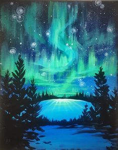 an acrylic painting of the aurora bore over a lake with trees and bubbles