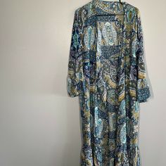 New Without Tag Beautiful Long Maxi Bohemian Dress Size 13 Blue Baisley Print Blue Long Sleeve Maxi Dress For Vacation, Blue Boho Dress For Beach Cover-up, Blue Long Sleeve Maxi Dress For Beach, Blue Long Sleeve Printed Maxi Dress, Blue Printed Long Maxi Dress, Blue Midi Dress For Beach Cover-up, Flowy Midi Dress With Paisley Print For Vacation, Flowy Paisley Print Midi Dress For Vacation, Blue Bohemian Maxi Boho Dress