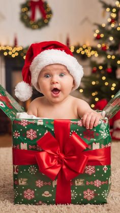 a baby wearing a santa hat sitting in a christmas present box with its mouth open