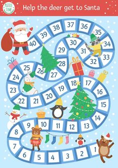 a christmas board game with santa claus and other characters on it, which includes numbers