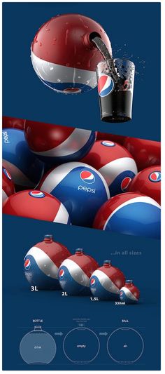 the pepsi cola advertisement has been designed to look like it is floating on top of red, white and blue balls