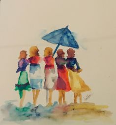 three girls are standing under an umbrella in the rain, one girl is wearing a yellow dress and the other has a blue umbrella